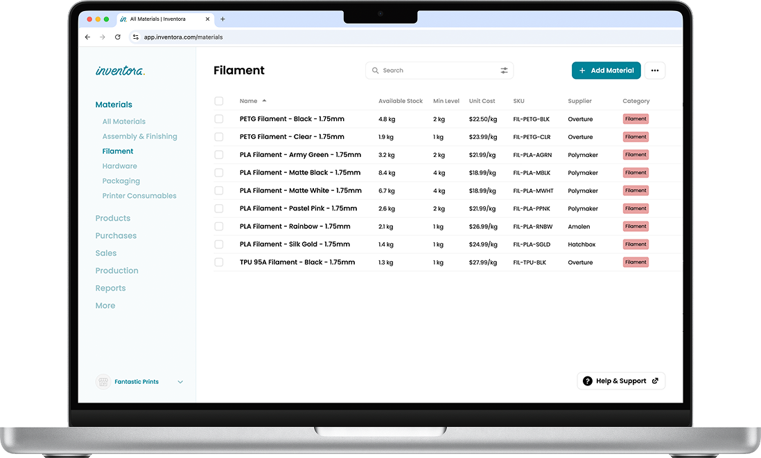 Inventory system for 3D Printing Business | Inventora